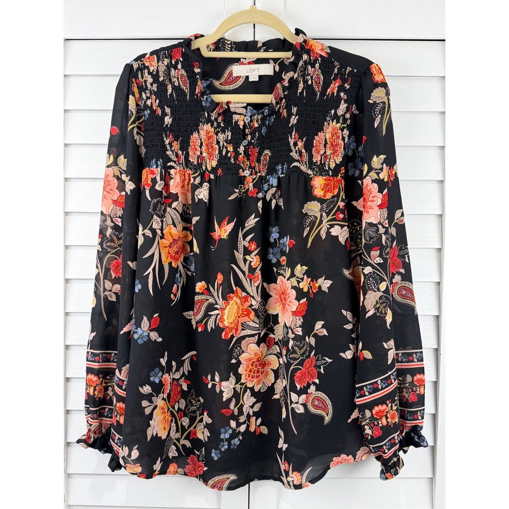 LOFT Floral Blouse Women XL Black Smocked Ruffle Chiffon Top